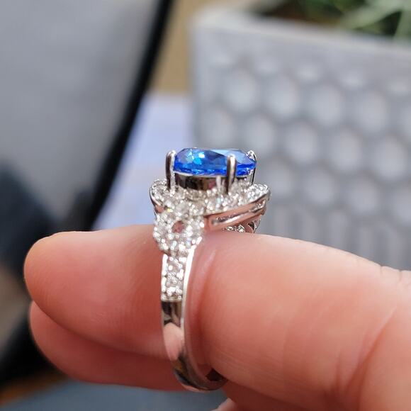 Rhodium Plated Simulated Blue Sapphire Ring - Elegant Statement - Size 10 - Picture 5 of 10